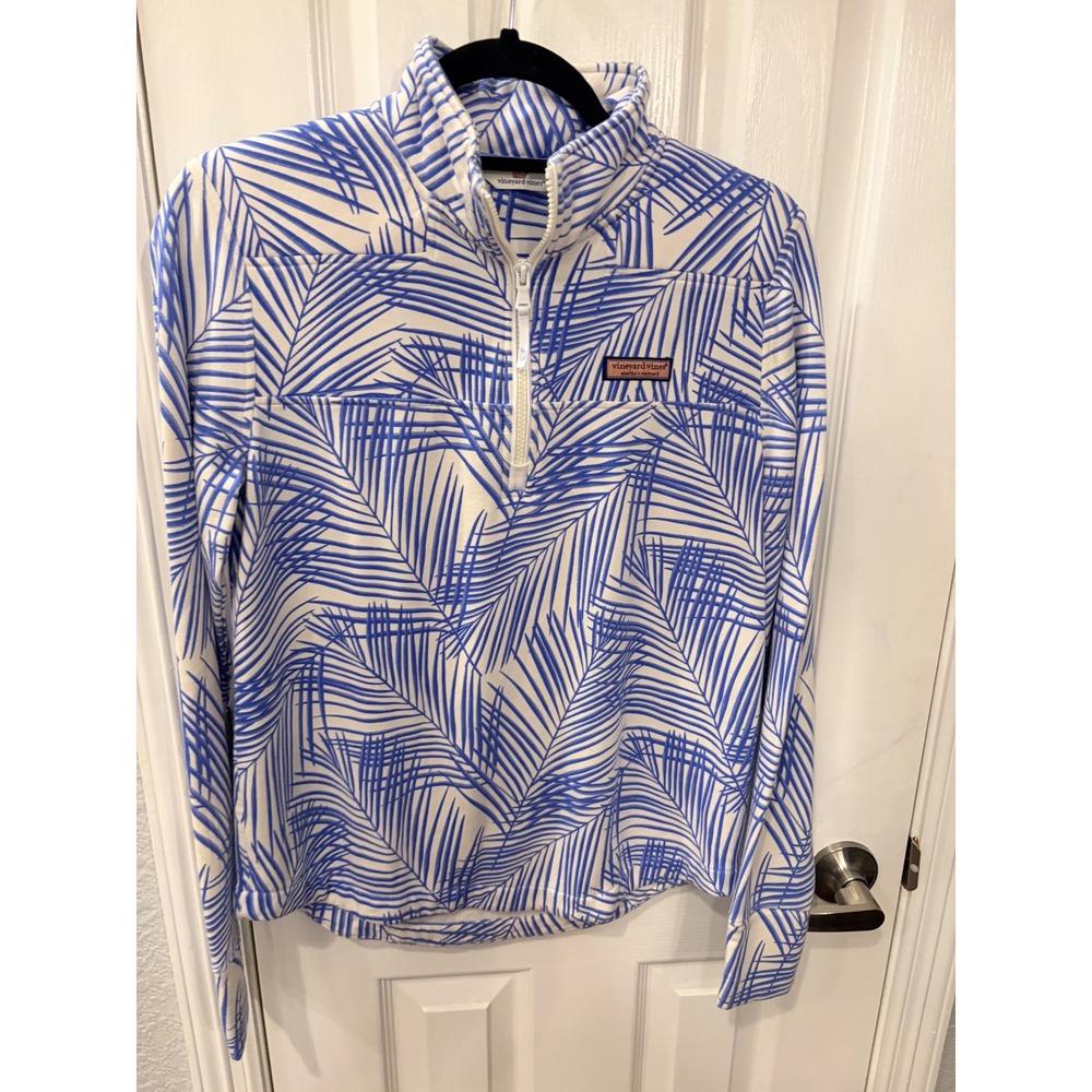 Vineyard Vines Pullover Blue White Palm Leaf Print Quarter Zip Thumbhole S